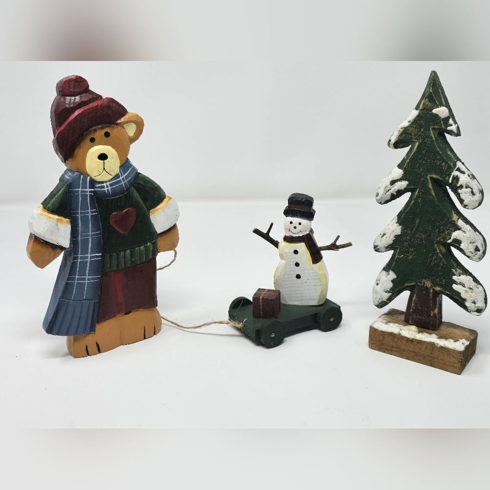 3 Piece Wooden Bear & Snowman Christmas Tree Decor SET